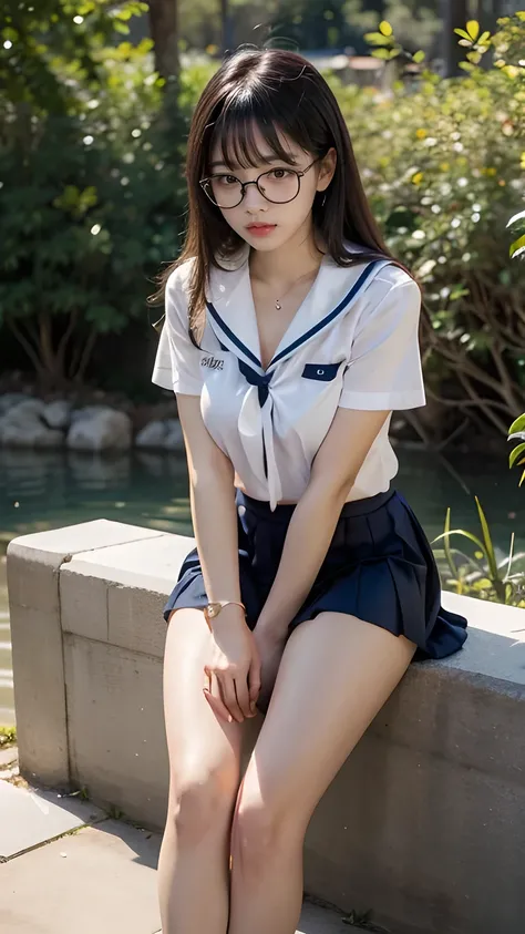 detailed_background, detailed_body, realistic, full body view, 1 girl solo, eye glasses, blushes, dark forest background, straight black hair, blunt bangs, cleavage, bigboobs, large_tits, heels, small waist, see-through white sailor uniform, sailor_serafuk...