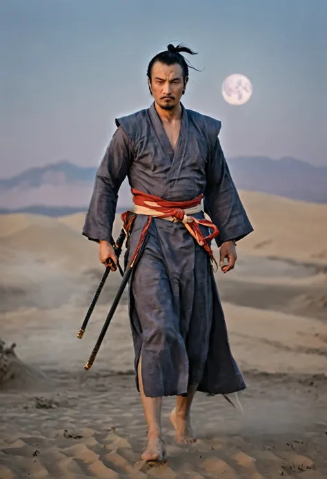 A samurai walking in a desert at dusk, with the moon as the background, front view, (best quality, 4k, 8k, highres, masterpiece:1.2), ultra-detailed, (realistic, photorealistic, photo-realistic:1.37), perfect face, intricate details, dusty ground, wind blo...