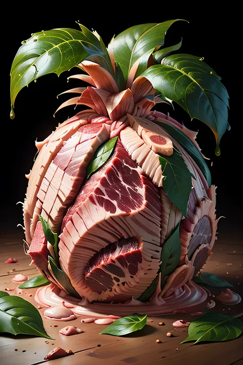 pineapple leaves, splash water, flashing particles , depth of field, clean background, made out of raw-meat,  raw-meat