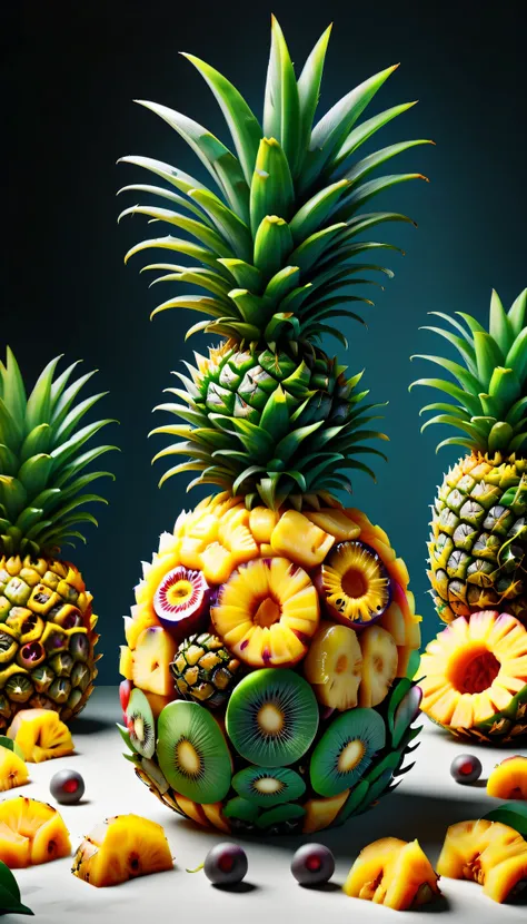 hyper detailed masterpiece pineapple ,dynamic,awesome quality,floating liquid plant,ral-passion fruit,photorealistic,cinematic l...