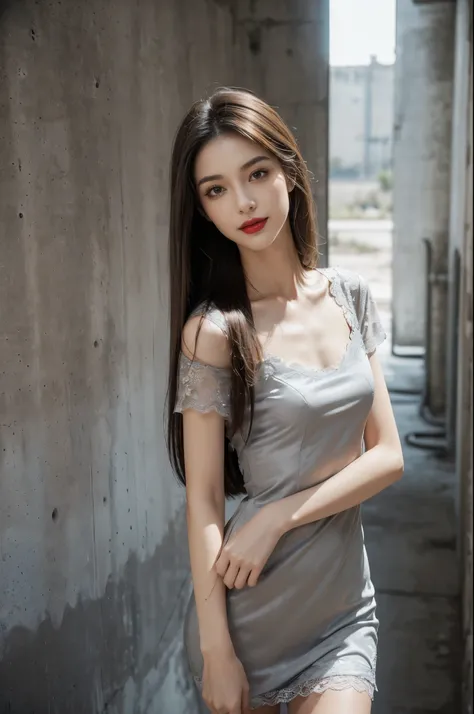 (((best quality))),(((ultra detailed))),(((masterpiece))),illustration,((1 beautiful girl,solo)),((slim,thin)),((small breasts,flat chest)),(shoulder length straight hair:1.2),summer afternoon,((unfinished concrete room,alluring,gray walls)),(short sleeves...