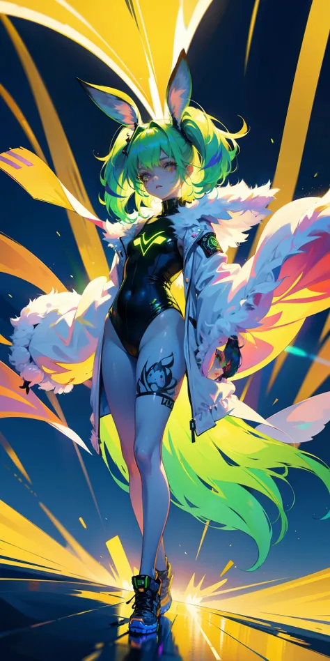 Rabbit technique , Science Fiction, Fluffy , 
1 girl, Tattoo, Glowing tattoo, Glowing eyes, Colorful glowing hair , Full body love, Green Hair,
  Kawaiitech, Soft colors, Kawaii, Lovely colors,