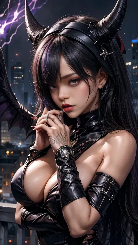 Rihanna : Evil Nun, Devil horns, Devil wings on head , sexy nun dress, Powerful destructive purple bolts of energy shoot from his hands., Satanic, insidious, His powerful magic attacks the buildings of the city. , Church of Satanic Background, Fine grain, ...