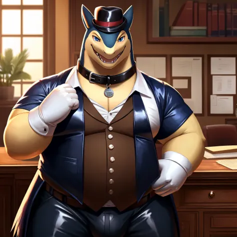 Solo, Male, fat, extremely obese, gentleman, dapper Professor Typhlosion, mob boss, blue eyes, (posing:1.3), (soft shading), 4k, hi res, ((detailed face, detailed)), looking at viewer, mouth wide open, dapper clothing, collared shirt with buttons, bowler h...