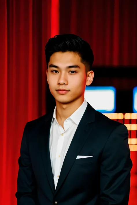 21 year old boy with fair skin color posing for linked in profile facing the front standing and upfront facing the screen a little closer to the screen in professional way in formals and cool red lights background