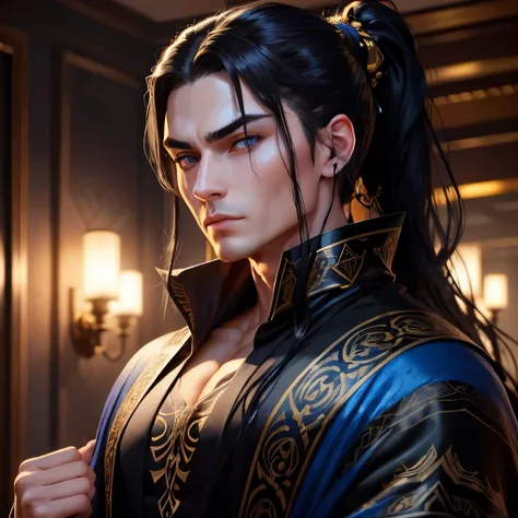 a muscular, handsome man with chiseled features, dressed in a flowing black robe adorned with intricate golden patterns. Her eyes are a piercing shade of blue, and her long black hair is tied in a sleek ponytail.