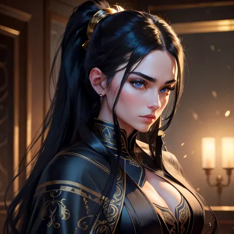 a muscular, handsome man with chiseled features, dressed in a flowing black robe adorned with intricate golden patterns. Her eyes are a piercing shade of blue, and her long black hair is tied in a sleek ponytail.