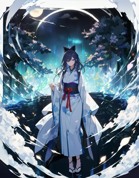 Masterpiece, Extremely detailed, (A beautiful kitsune woman facing a waterfall surrounded by an aura of blue fire), pov from behind, facing away from the viewer, dynamic pose , fox ears, nine fox tails, tails spread out behind her, (tails come from the bac...