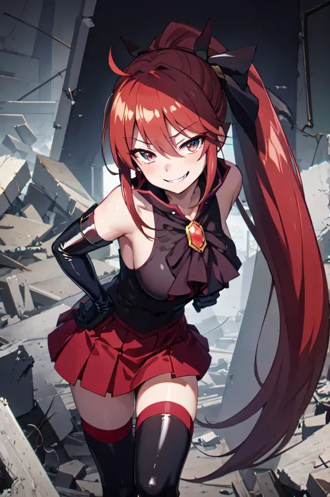 Highest quality, masterpiece, One Girl,Not beautiful, Red Ponytail, Long dress, brooch, Hair Ribbon, - Elbow hand pockets, Black knee socks, Standing on the rubble, (Wicked Smile:1.1), ,,Dark shadowed face,Sadistic smile,Malice,Contempt,smile,latex,Bad fa...