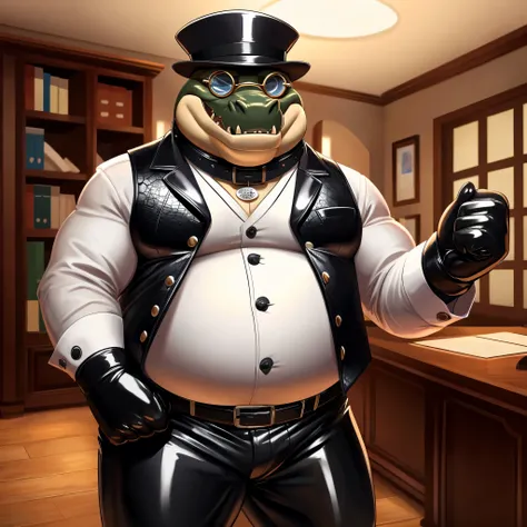 Solo, Male, fat, extremely obese, gentleman, dapper Professor Crocodile, mob boss, blue eyes, (posing:1.3), (soft shading), 4k, hi res, ((detailed face, detailed)), looking at viewer, mouth wide open, dapper clothing, collared shirt with buttons, bowler ha...