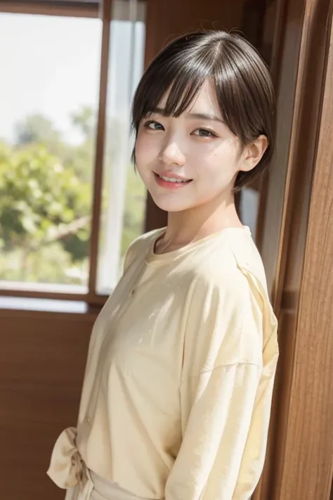 (natural lighting:1.3), 8k, RAW photo, best quality, masterpiece, realistic, photo-realistic, clear, beautiful face, no makeup, best quality, ultra high res, BREAK, Japanese cute girl, 14 years old, (short cut hair:1.2), smile, standing