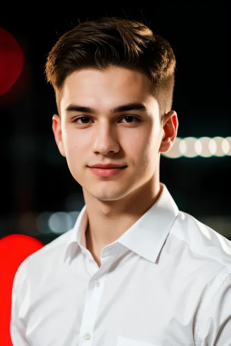 a 21 year old boy with fair white color and professional formal look facing the screen having posing for linked in professional profile and cool professional red lights in the background and a bokeh like blurry effect upclose and hyperrealistic a little cl...