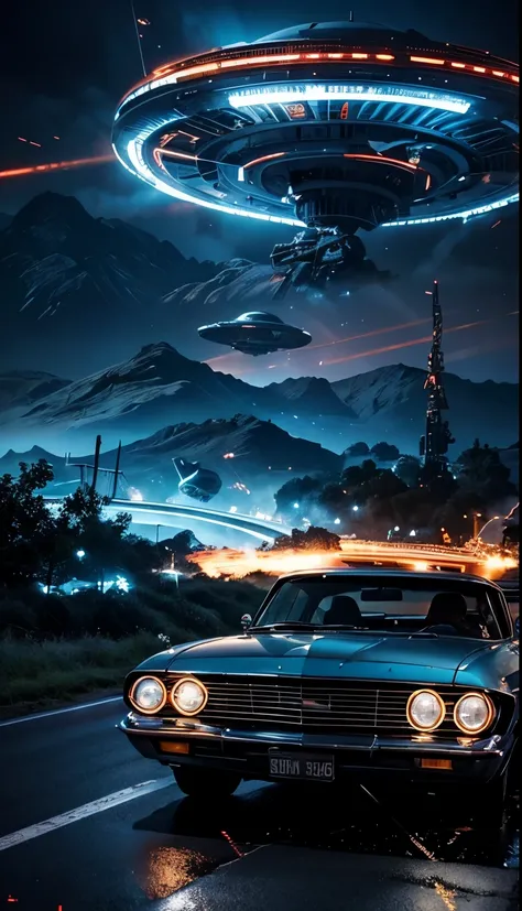 there is a car driving down the road with a flying object in the sky, ufo attack, aliens invading earth, retro sci - fi picture, an epic scifi movie still, retro 1 9 6 0 s sci - fi art, retro sci - fi movie, depicted as a scifi scene, retro sci fi film, dr...