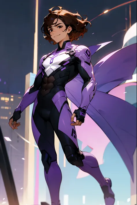 1male, brown hair, black eyes, short wavy hair, smiling expression, purple and white super suit, city background, detailed background, detailed face, standing, walking on path, hands to side