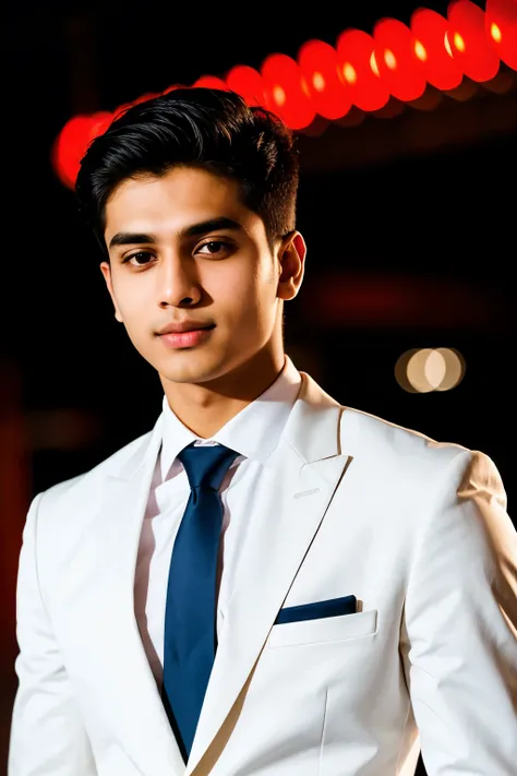 a 21 year old south asian boy with fair white color and professional formal look facing the screen having posing for linked in professional profile and cool professional red lights in the background and a bokeh like blurry effect upclose and hyperrealistic...