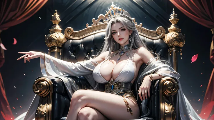 A queen with her throne 50 years old with grey hair sitting elegant, long hair, gorgeous body, big breast