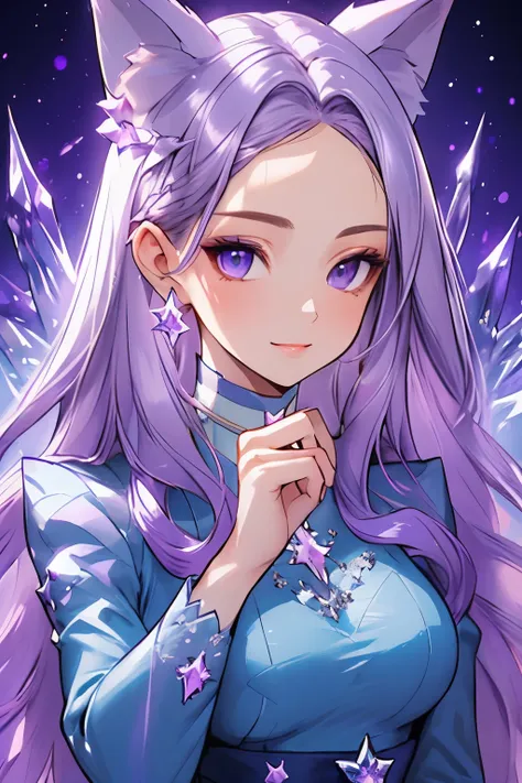 ((best quality)), ((masterpiece)), (detailed), detailed eyes, detailed hands, close up image of her face, female, light purple h...