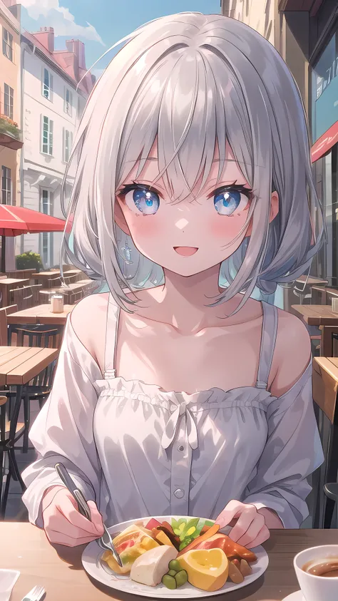 (8k, best quality, master piece: 1.2),super high resolution,1 girl, solo, colorshift eyes, hyperdetailed, expressive eyes, ultra-detailed face, Girly、Random hairstyle、silver gay hair, cafe,Terrace seats、 sunshine, Collarbone, Ecstatic expression, lunch