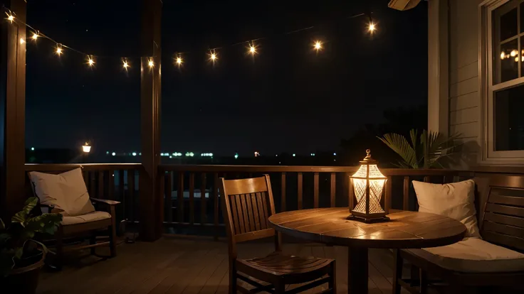 Generate a comfy night vibes background with a restaurant table, on the table there is a candle lamp, its a warm lighting and the candle lamp on the porch, romantic vibes, warm light and beautiful vibes