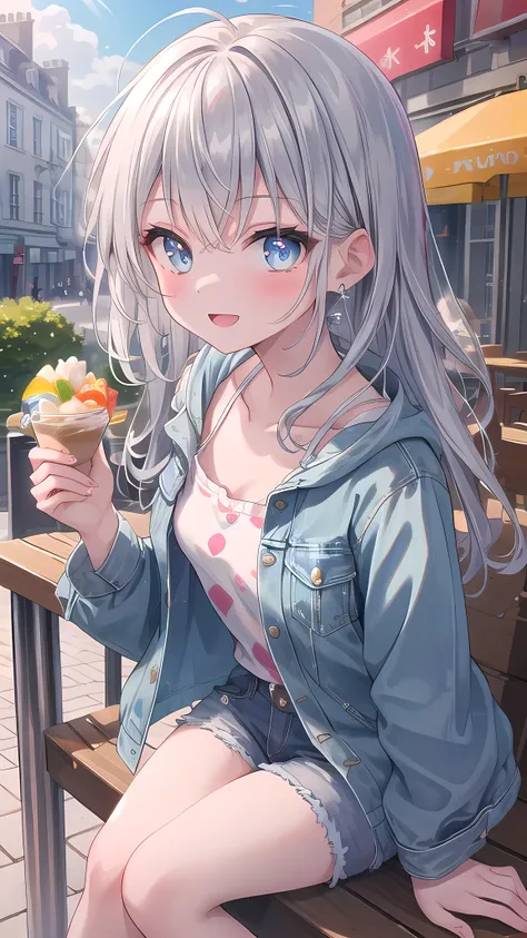 (8k, best quality, master piece: 1.2),super high resolution,1 girl, solo, colorshift eyes, hyperdetailed, expressive eyes, ultra-detailed face, Casual denim jacket、Random hairstyle、silver gay hair, cafe,Terrace seats、 sunshine, Collarbone, Ecstatic express...