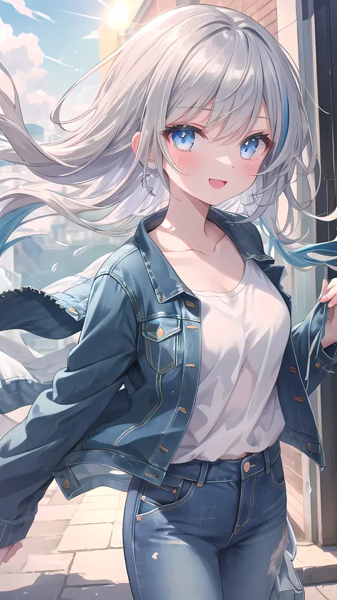 (8k, best quality, master piece: 1.2),super high resolution,1 girl, solo, colorshift eyes, hyperdetailed, expressive eyes, ultra-detailed face, Casual denim jacket、Random hairstyle、silver gay hair, Wind Shopping、 sunshine, Collarbone, Ecstatic expression, 