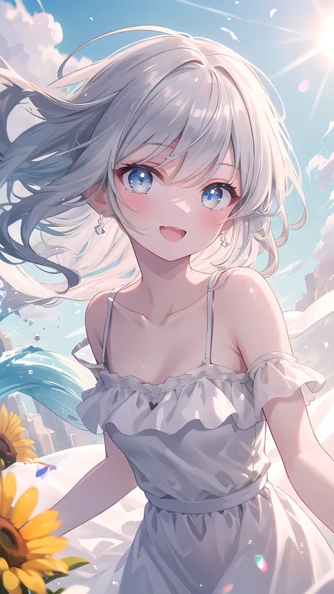 (8k, best quality, master piece: 1.2),super high resolution,1 girl, solo, colorshift eyes, hyperdetailed, expressive eyes, ultra-detailed face, Summer Dresses、Random hairstyle、silver gay hair, Wind Shopping、 sunshine, Collarbone, Ecstatic expression,