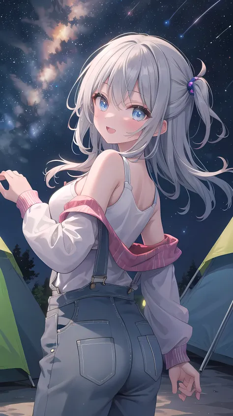 (8k, best quality, master piece: 1.2),super high resolution,1 girl, solo, colorshift eyes, hyperdetailed, expressive eyes, ultra-detailed face, ass pov, Overalls、Long sleeve T-shirt、Random hairstyle、silver gray hair、Midnight、camp site、starry skies, Collarb...