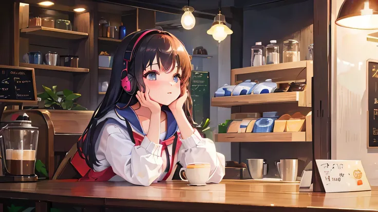 cafe shop、 Young girl、Twilight、high resolution、high quality、Beautiful in every detail、chill wearing headphones、