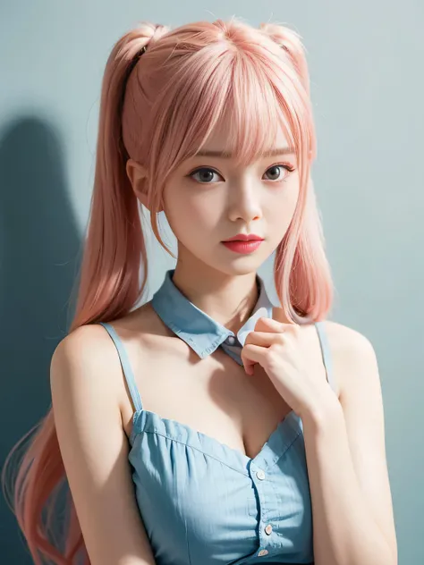 highest quality, figure, Pink Hair、sexy、slender、Green tie、Open front pink shirt、Blue exy、Shapely small breasts、sexy、sexy、Very detailed, Fine details,Slim body、slender、Japanese girl、 High resolution, 8k,wallpaper, Perfect dynamic composition, Beautiful fine...