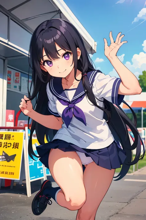 Elementary school girl, 8 years old, toddler　Flat chest, black hair, long hair, purple eyes 　smile　People around　 White upper body, short-sleeved sailor uniform　Navy blue mini skirt　White panties　（（I can see her panties））　White socks　sneakers　Shrine festiv...