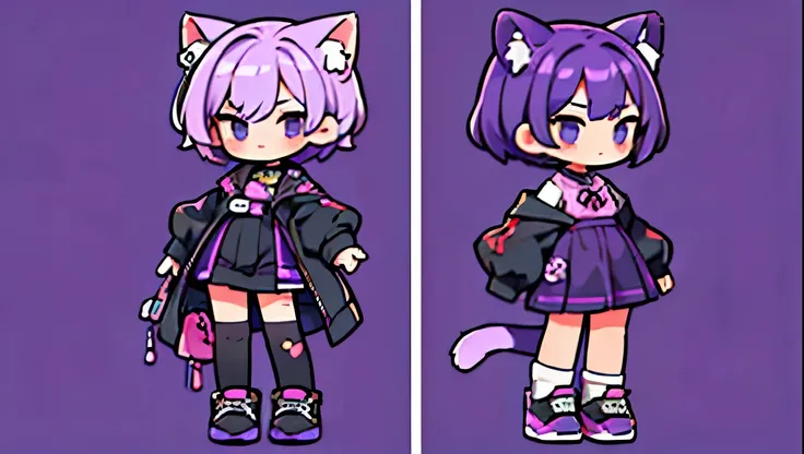 (Masterpiece,Highest quality),(Maximum details),2 girl(child,girl),purple short hair,black eyes,Wear a purple sweater,black skirt,full body image, กับ girl อยู่ ในชุดที่ต่างกัน,divided into two sides,Purple cat ears,purple cat tail,cat bell on neck 