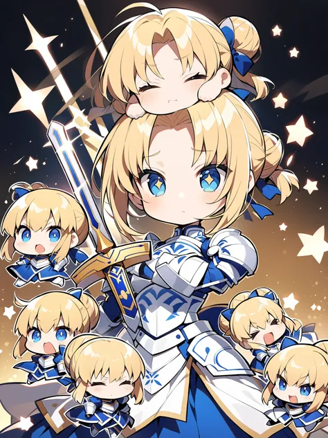 Draw a chibi version of Saber from Fate/stay night. She should have her iconic blue and white armor, with her golden hair tied up in a bun and a few loose strands framing her face. Her large, expressive eyes should convey a determined yet cute expression. ...