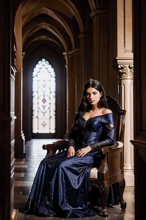 Young dark haired Queen  in a throne room very beautiful,  in stunning  dress