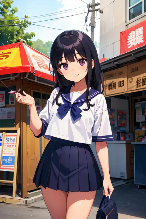 Elementary school girl, 8 years old, toddler　Flat chest, black hair, long hair, purple eyes 　smile　People around　 White upper body, short-sleeved sailor uniform　Navy blue mini skirt　White panties　（（I can see her panties））　White socks　sneakers　Shrine festiv...