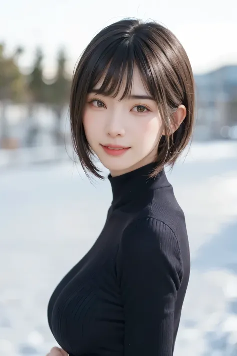 (masterpiece, Highest quality),One Girl, solo, hyper Realistic, Realistic,Realistic, Looking at the audience, Light brown eyes:1.4,Brunette Short Bob Hair with highly detailed shiny hair, Brightly colored winter clothes, Lepangas:1.4), Plein Air, Mouth clo...