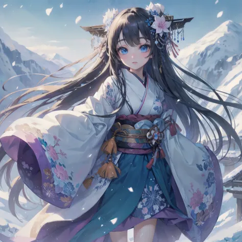  masterpiece, (textured skin), best quality, gorgeous beautiful, (a beautiful girl,yukionna,japanese snow fairy),detailed clothes,large breasts,narrow waist,, (beautiful face), cinematic lighting, (fantasy anime art ),