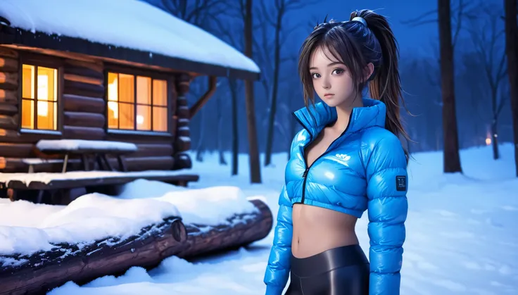 Top Quality, Masterpiece, High Resolution, 8k, ((Teenager, barely legal, 16 Years Old)), ((girl in an open and revealing shiny puffer with plunging neckline, wide neckline, deep neckline, wetlook leggings)), (bare belly, small perky breasts, detailed face,...
