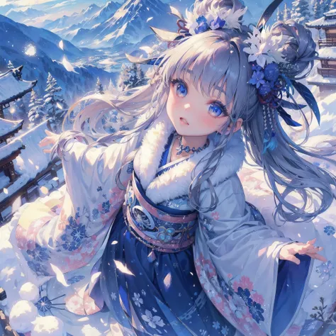  masterpiece, (textured skin), best quality, gorgeous beautiful, (a beautiful girl,yukionna,japanese snow fairy),detailed clothes,large breasts,narrow waist,, (beautiful face), cinematic lighting, (fantasy anime art ),