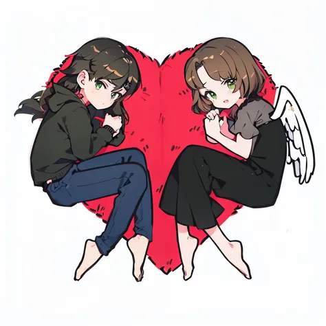 Anime style, chibi style, Couple, metalhead boy, Black long hair boy, green eyes, Brown haired girl,