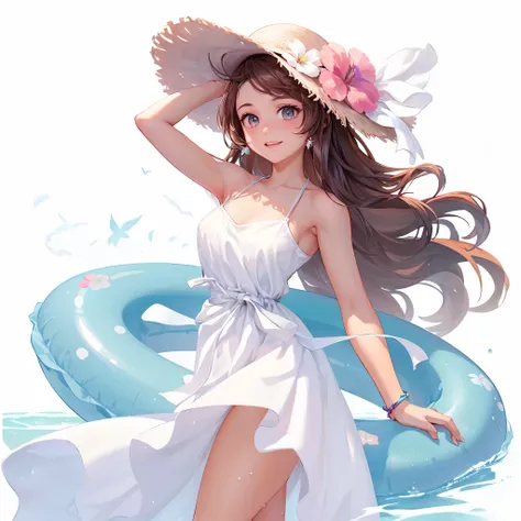  Half-length view，A beautiful girl，Swim ring in hand，Wearing a white beach dress，Wearing a hat，Side profile looking into the distance，sideways，Raise your hand，Posing for photos，Side View，Summer Clothes，Filming，Idle game icons，High-definition characters，Dig...