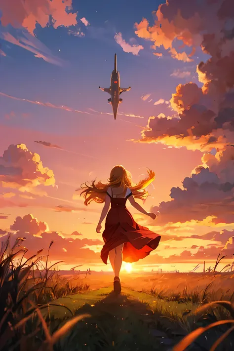 a girl with golden hair and a red sundress runs away, runs forward, into the distance, rear view. a field, tall grass, and slavi...