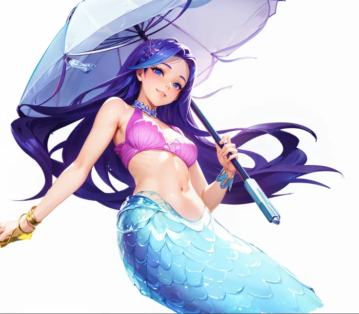  Half-length view，A beautiful girl，Sweet smile，Sweet Girl，Mermaid，Hold an umbrella in hand，Look down，Profile，sideways，Raise your hand，Posing for photos，Side View，Swimsuit，Mermaid，Filming，Idle game icons，High-definition characters，Digital character illustra...