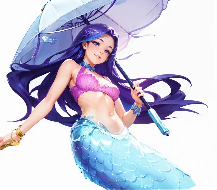  Half-length view，A beautiful girl，Sweet smile，Sweet Girl，Mermaid，Hold an umbrella in hand，Look down，Profile，sideways，Raise your hand，Posing for photos，Side View，Swimsuit，Mermaid，Filming，Idle game icons，High-definition characters，Digital character illustra...
