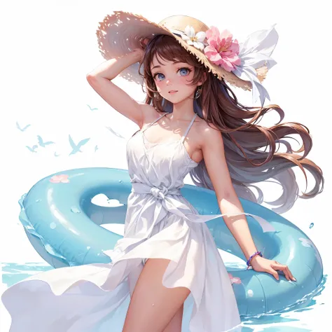  Half-length view，A beautiful girl，Swim ring in hand，Wearing a white beach dress，Wearing a hat，Side profile looking into the distance，sideways，Raise your hand，Posing for photos，Side View，Summer Clothes，Filming，Idle game icons，High-definition characters，Dig...