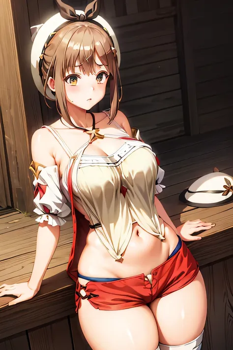 atelier ryza,liza,lizaのアトリエ,thighs,big breasts,white hat,embarrassed expression,red shorts