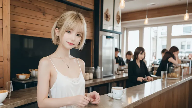 super high quality, Slenderのネックレス, Slender, Gravure photoshoot, The staff is working at the counter in the back., (8k、RAW Photos、Highest quality、masterpiece:1.2), Japanese Idol, Stylish café, (Realistic、Photorealistic:1.37), Urban Cafe, Golden Ratio, Raw p...