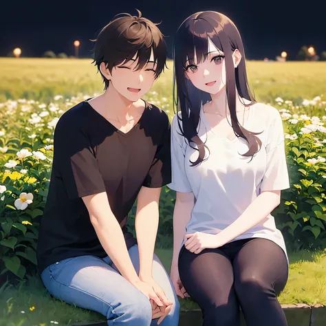 A couple laughing with their eyes closed、（Night Sky：1.5）、grass、Park Realistic, real person, (pale skin: 1.2), RAW photo, photorealistic, shiny skin, shiny hair、
BREAK(A 25-year-old woman with medium-length hair and bangs) and (wavy hair) and (brown hair) a...