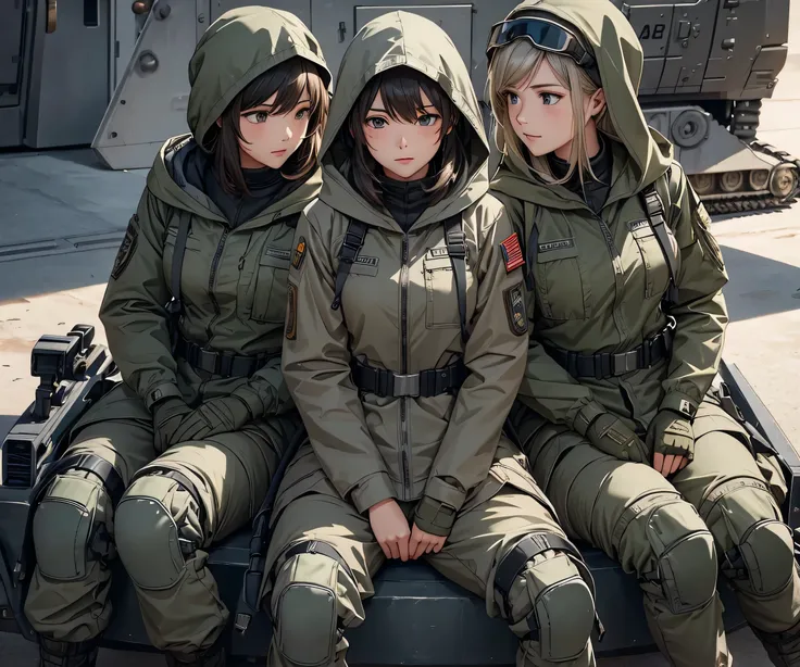 a group of female soldiers sitting on a tank, all wearing light gray m-51 hooded military uniforms, hoods on their heads, personal equipment sets, military pants, knee pads, detailed information, masterpiece, best quality, highly detailed cg, 8k