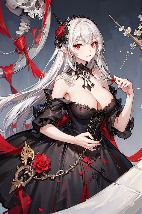 Female, sharp eyes, mature, seductive, white hair, ((white skeleton)), red flower, ((big boobs)) , illustration, 25 year old, bone, skull, ((bust-up)), red eyes, full black dress, black collar, luxurious,