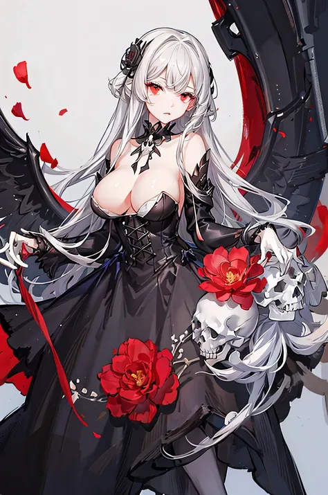 Female, sharp eyes, mature, seductive, white hair, ((white skeleton)), red flower, ((big boobs)) , illustration, 25 year old, bone, skull, ((bust-up)), red eyes, full black dress, black collar, luxurious,